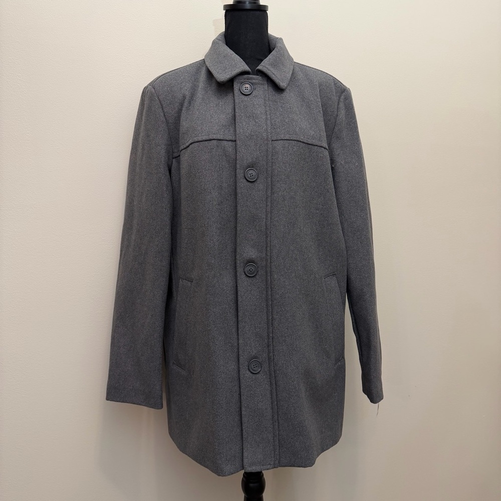 Dockers Men's L Gray Pea Coat Full Zip Buttons Quilted Lining Soft Wool Dress Up